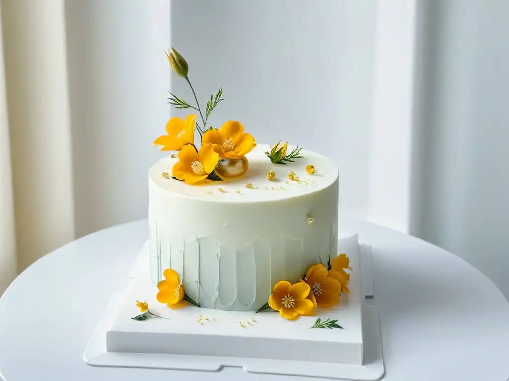 Éxito de pasteleros en redes sociales: una elegante cocina con un pastel decorado con flores comestibles y detalles en hoja de oro