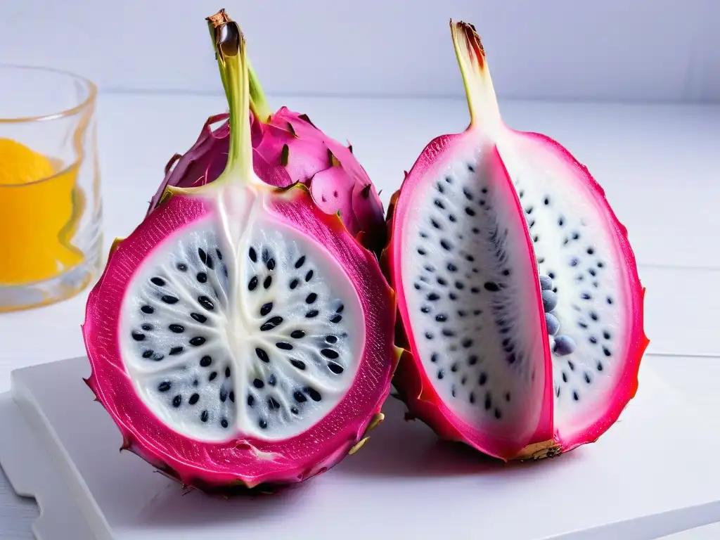 Exótica pitahaya morada cortada, semillas blancas y negras, fondo blanco, ideal para ingredientes exóticos repostería gourmet