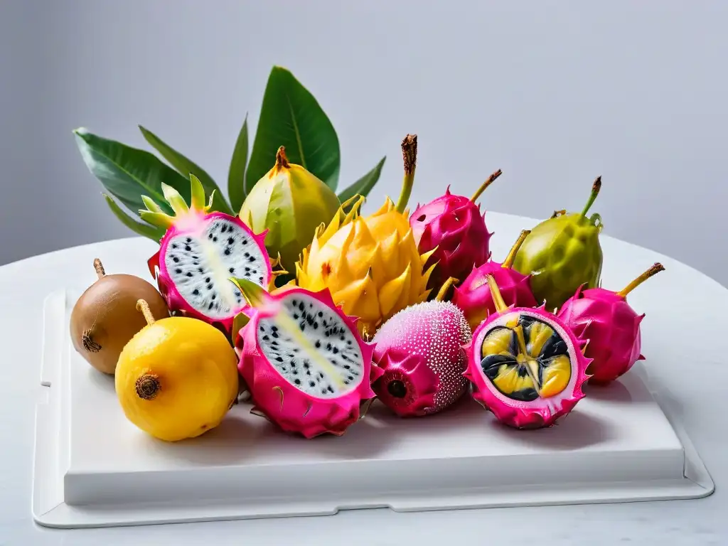Exóticas frutas tropicales en mármol blanco Exóticas frutas perfectamente maduras en mármol blanco: ingredientes especiales para repostería
