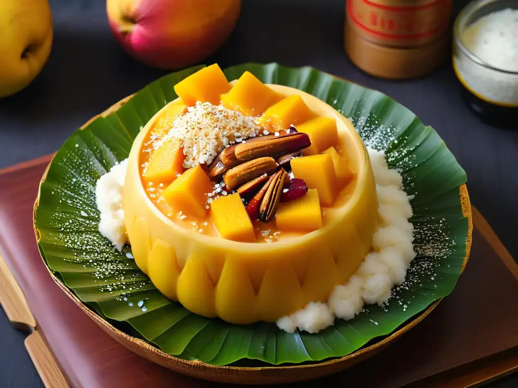 Deléitate con un exótico postre tailandés de mango sticky rice en un tazón de hoja de plátano