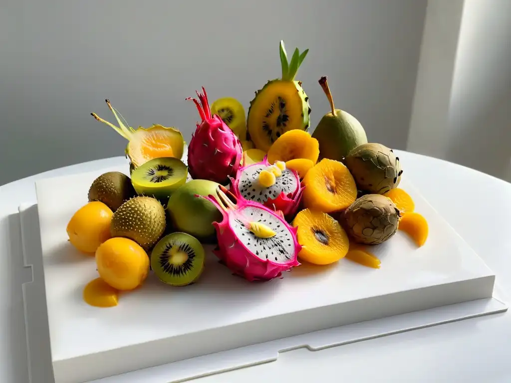 Exóticos frutos en repostería moderna: ilustración detallada de frutas como pitahaya, maracuyá, lichi y carambola en plato moderno