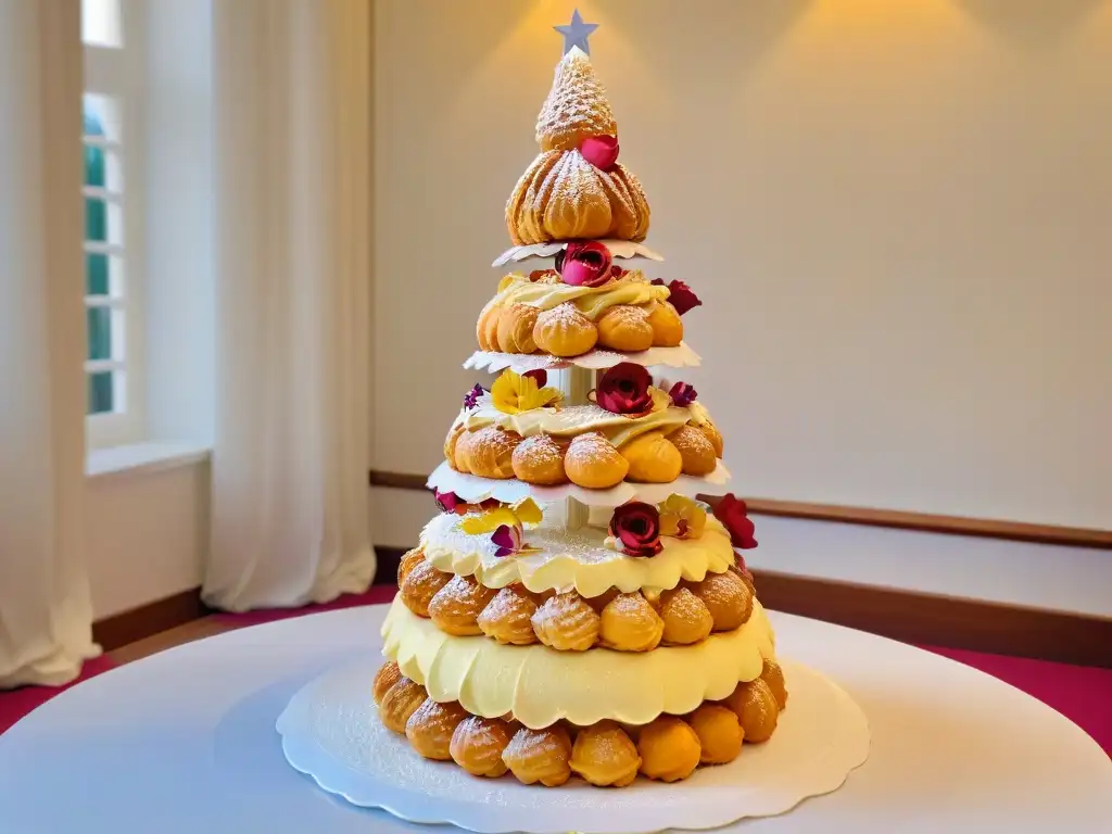 Un croquembouche desafiando expectativas con postres creativos y delicadas decoraciones de azúcar hilado y flores comestibles