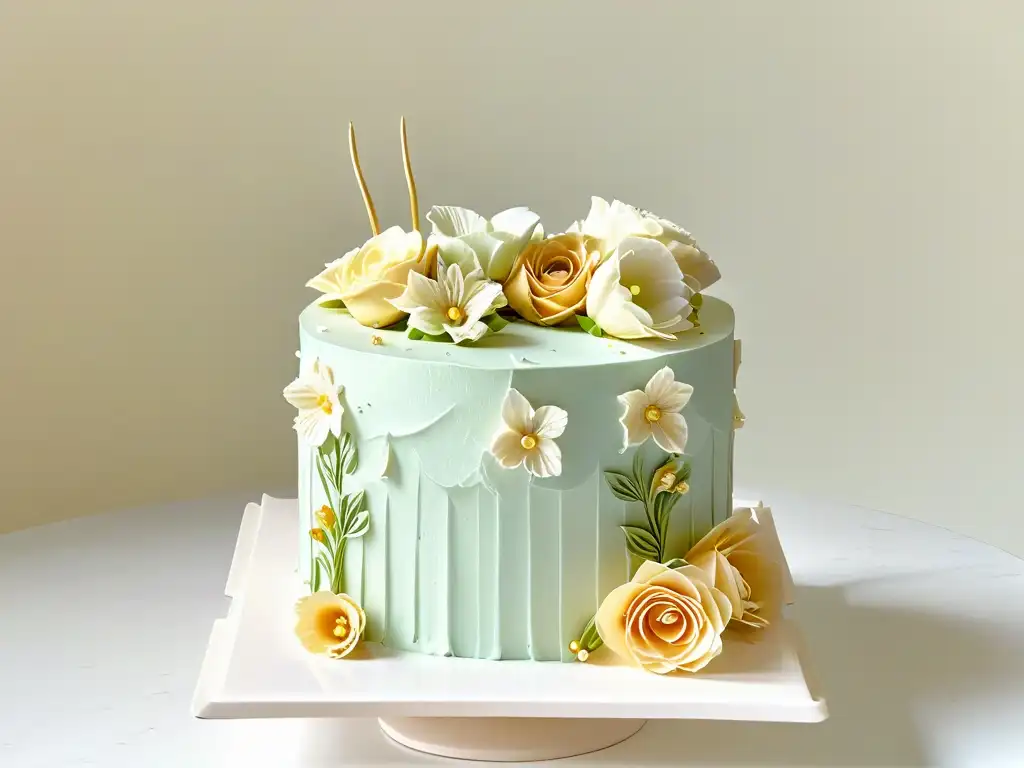 Experiencia marca memorable pastelería: exquisito pastel gourmet decorado con detalles elegantes y dorados, resaltado por iluminación natural suave