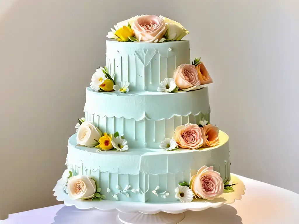 Experiencia marca memorable pastelería: Detalle exquisito de una elegante tarta de bodas, con decoración floral en tonos pastel