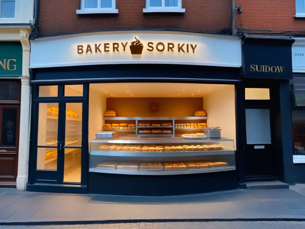 Experiencia marca memorable pastelería: Fachada moderna de una elegante pastelería con delicias en vitrinas, bañada por la luz matutina