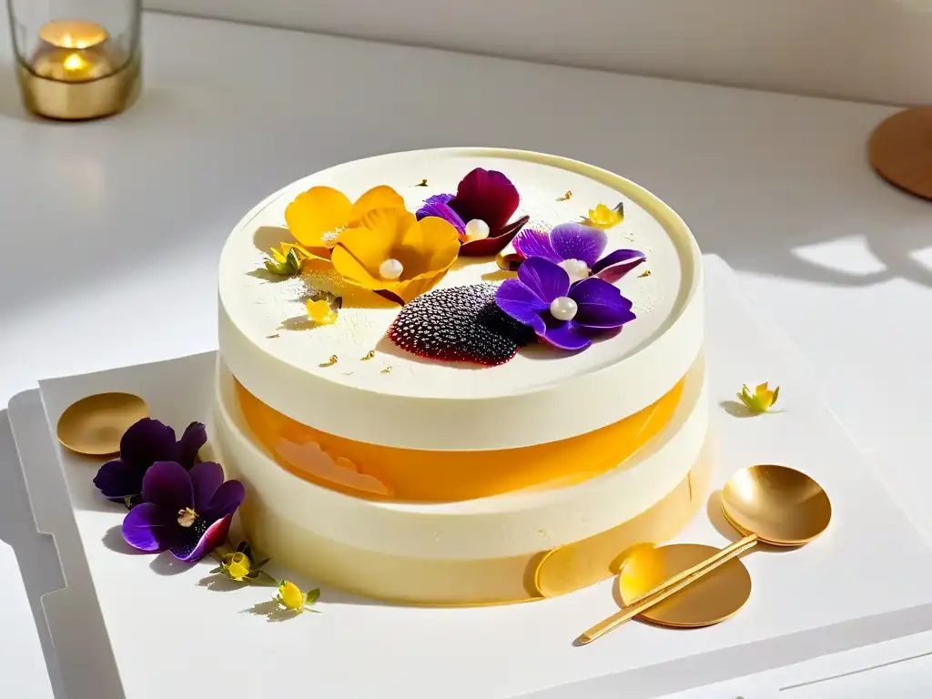 Una experiencia multisensorial futurista en postres: capas de flores comestibles, perlas de gastronomía molecular y detalles en oro