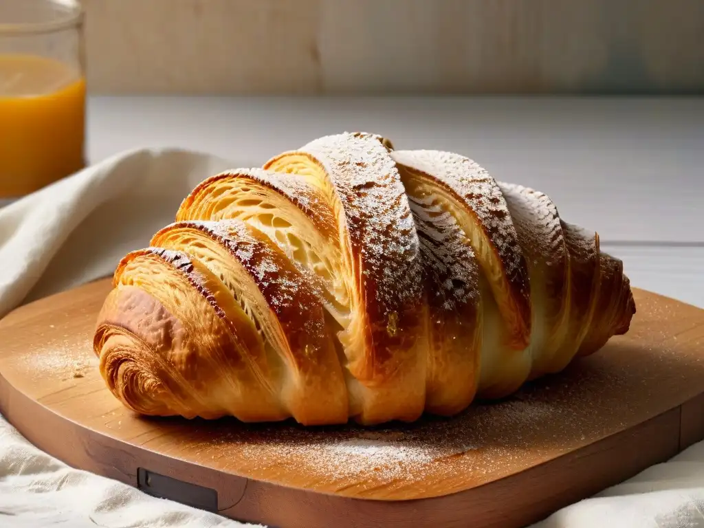 Deléitate con la experiencia de repostería en lugares emblemáticos: croissant dorado sobre mesa rústica con migas y harina