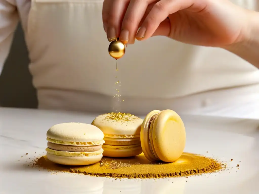 Experiencia repostería en lugares emblemáticos: Detalle experto de manos decorando un macaron con polvo dorado en elegante cocina minimalista