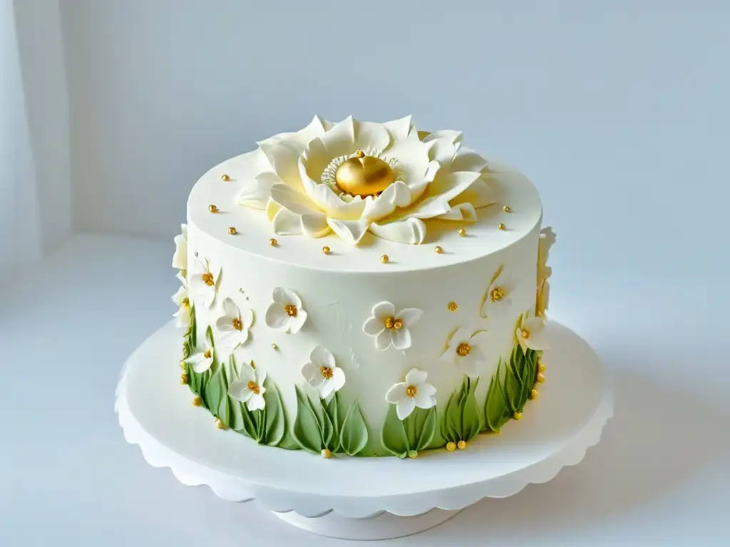 Experiencia repostería en lugares emblemáticos: detallada decoración de pastel con flores de fondant y detalles dorados