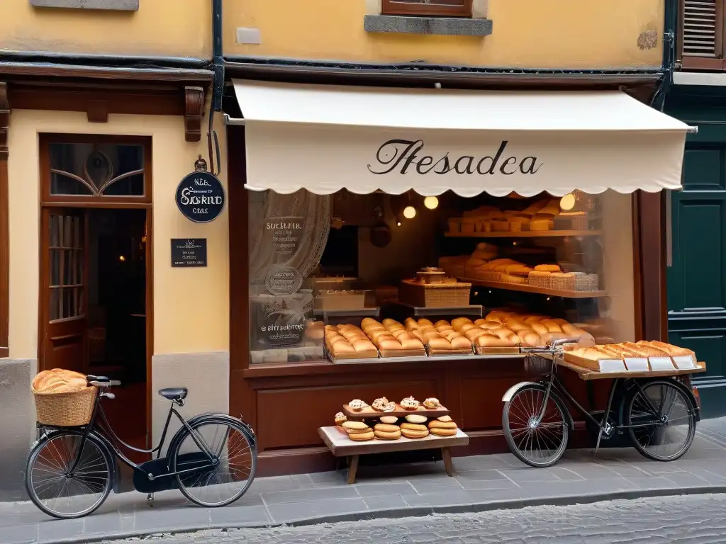 Experiencia repostería en lugares emblemáticos: Panadería serena en callejón adoquinado con bicicleta vintage y cálida luz