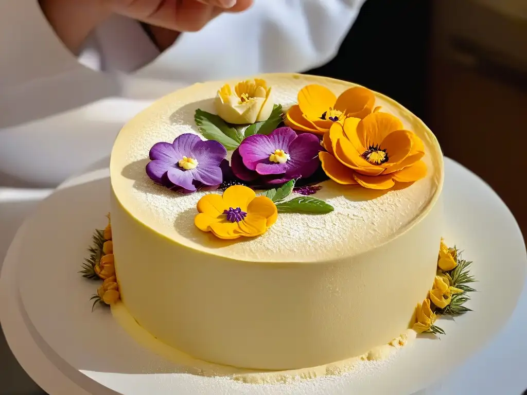 Experiencia sensorial en repostería: Detallada decoración de pastel con flores comestibles y pan de oro, reflejando arte y precisión