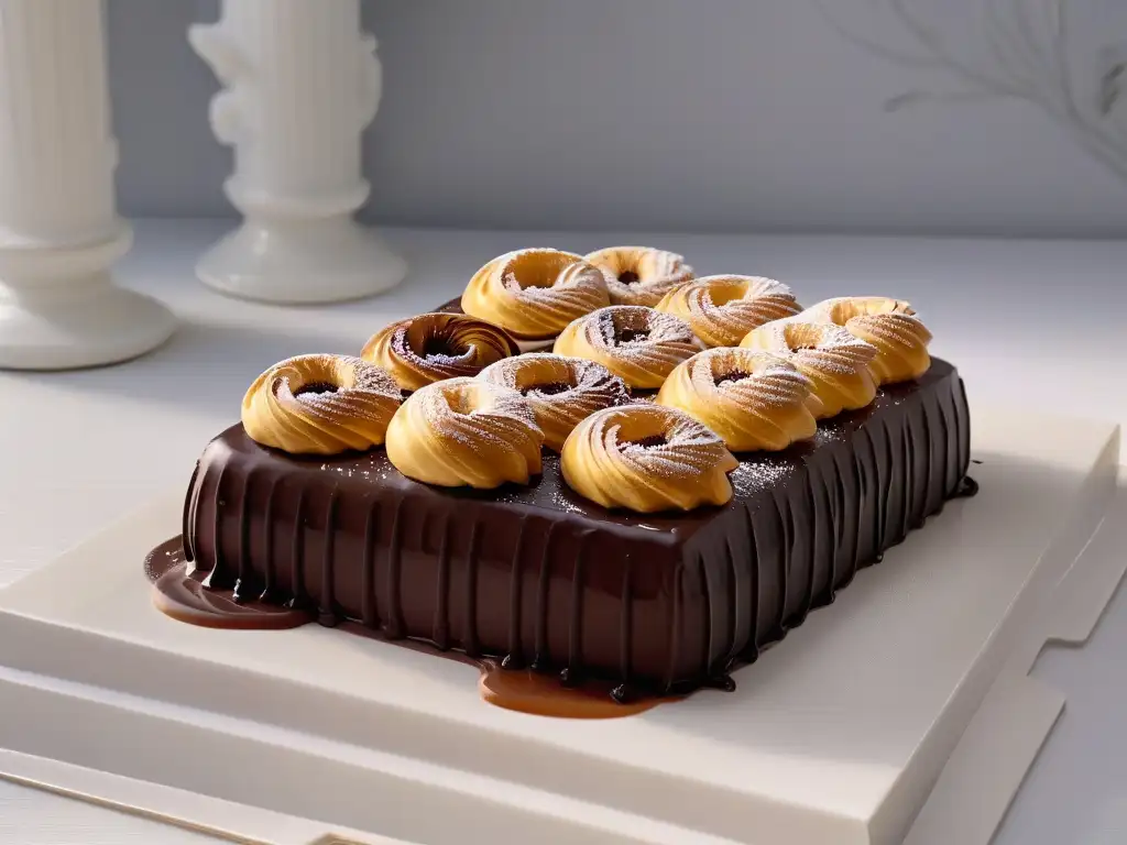 Experiencia sensorial en repostería: Detalle de un elegante éclair con swirl de ganache de chocolate brillante