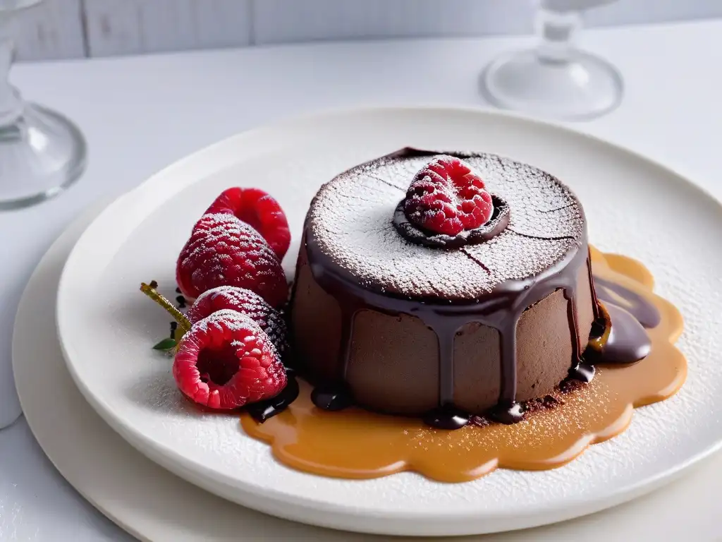 Una experiencia sensorial en repostería: un exquisito pastel de lava de chocolate con frambuesa y caramelo