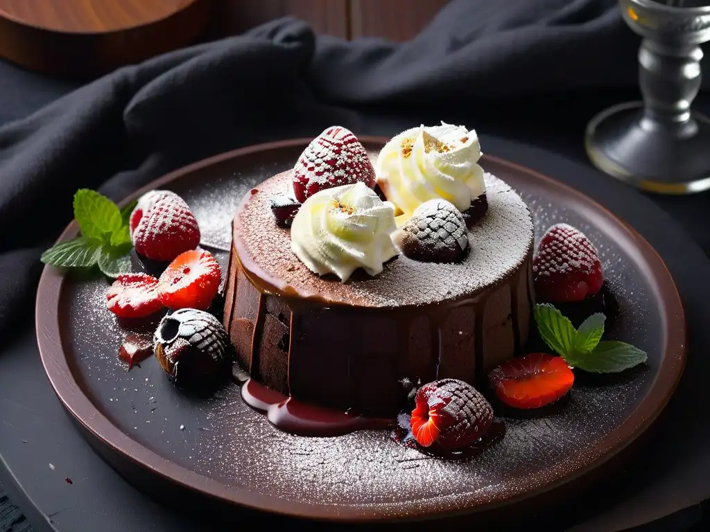 Experiencia sensorial en repostería: Suave lava de chocolate con helado de vainilla y salsa de frambuesa, decorado con hojas de menta fresca