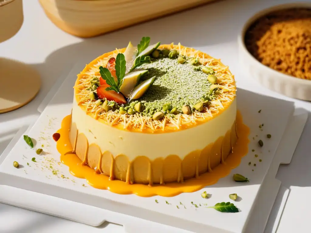 Preparación experta de Kunafa: delicioso postre con capas de masa dorada, queso cremoso, pistachos y jarabe, presentado con elegancia moderna