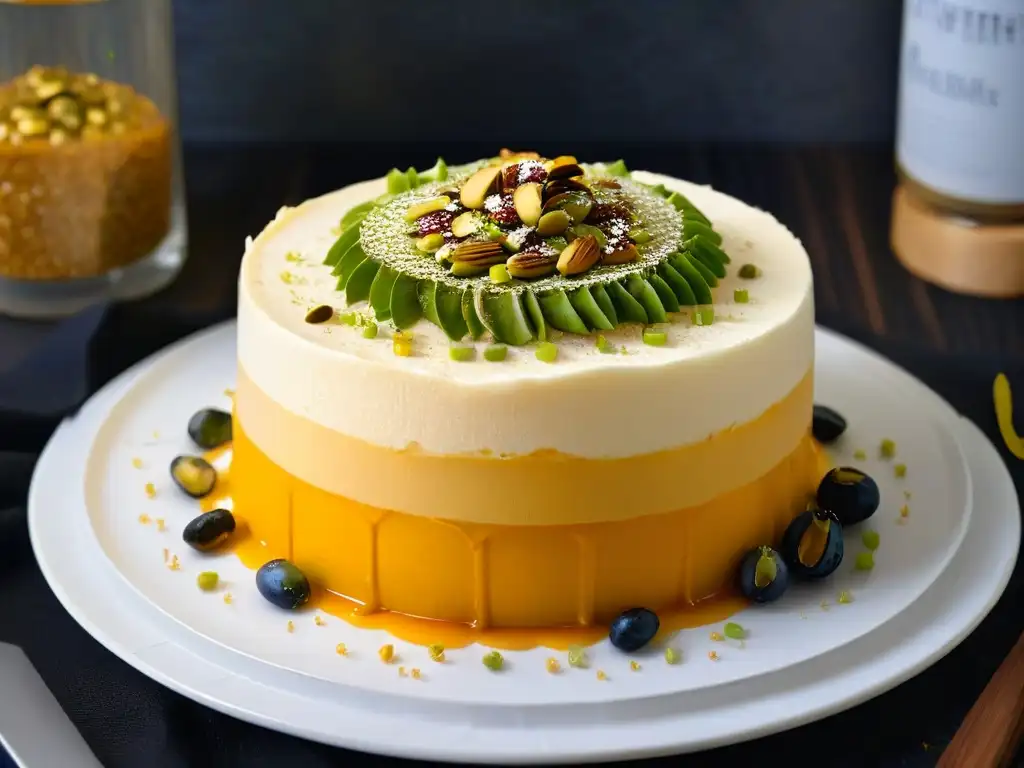 Preparación experta de Kunafa en elegante presentación con miel dorada y pistachos triturados