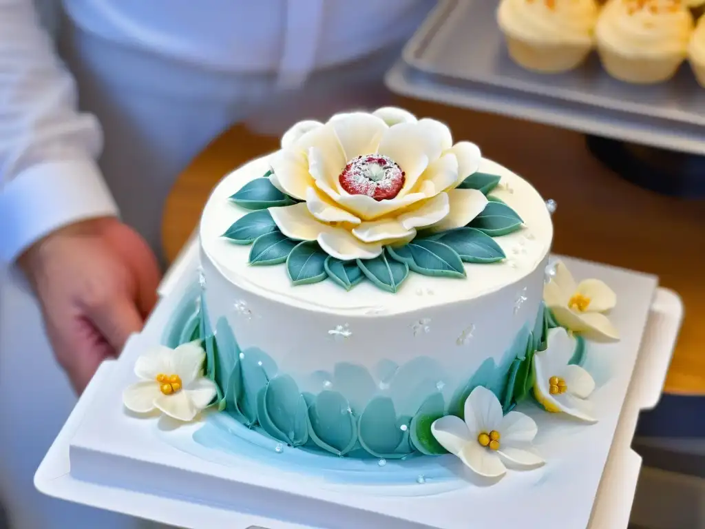 Arte en repostería: manos expertas colocan flor de azúcar en pastel Un experto chef de repostería colocando una flor de azúcar en un pastel, detalle y precisión en alianzas sostenibles para repostería