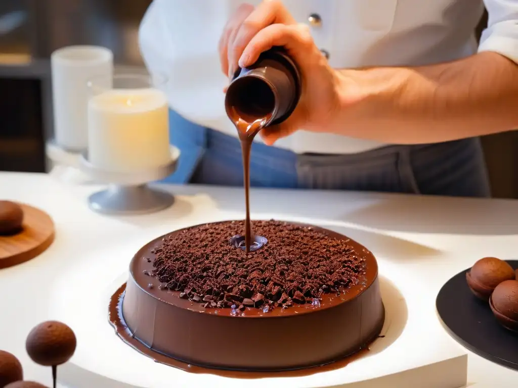 Un experto chocolatero vierte chocolate derretido en moldes delicados, mostrando la manipulación del chocolate en repostería con detalle y elegancia