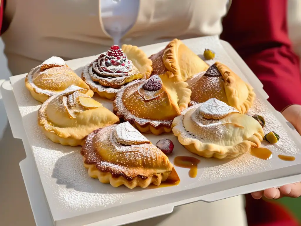 Un experto en decoración de empanadas dulces espolvorea azúcar glass sobre empanadas recién horneadas y decoradas con elegancia