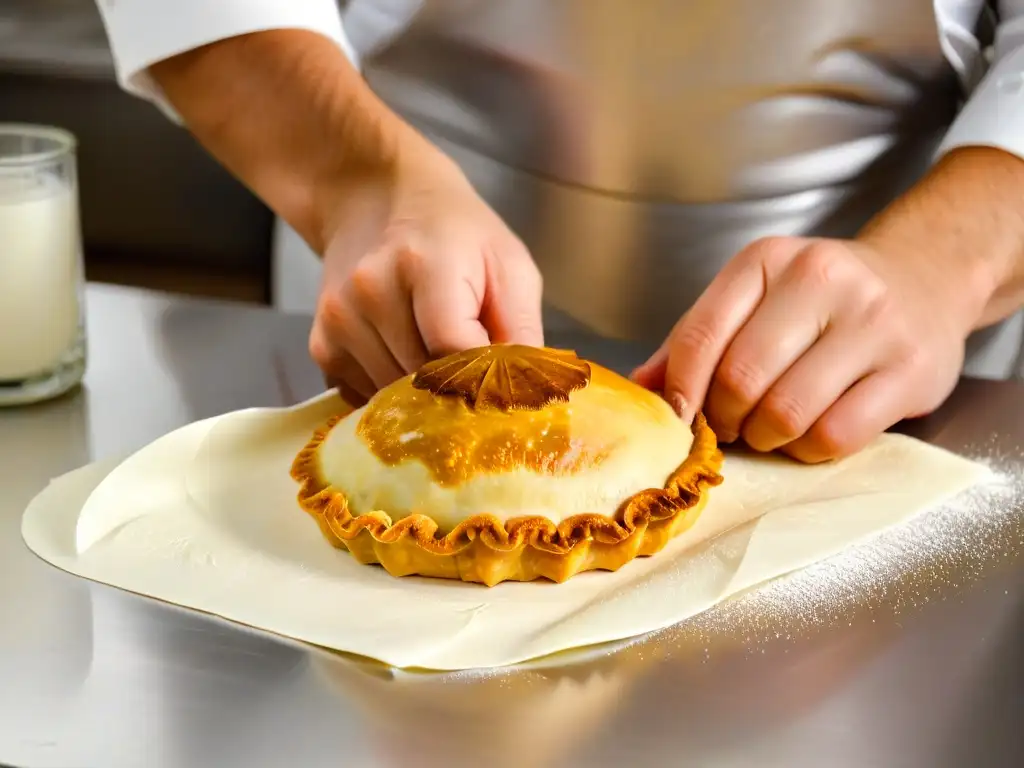 Un experto en decoración de empanadas dulces pliega la masa con precisión y destreza, creando obras de arte comestibles