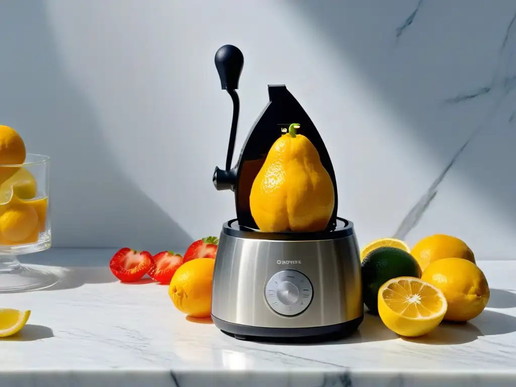 Un exprimidor cítricos de diseño moderno en una encimera de mármol, con frutas cítricas vibrantes