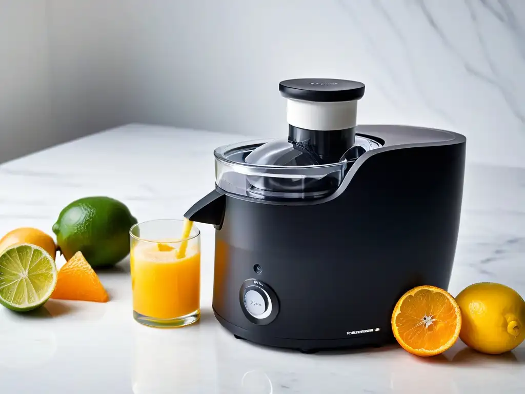Un exprimidor de cítricos elegante en mármol blanco con frutas frescas y jugosas, ideal para repostería creativa