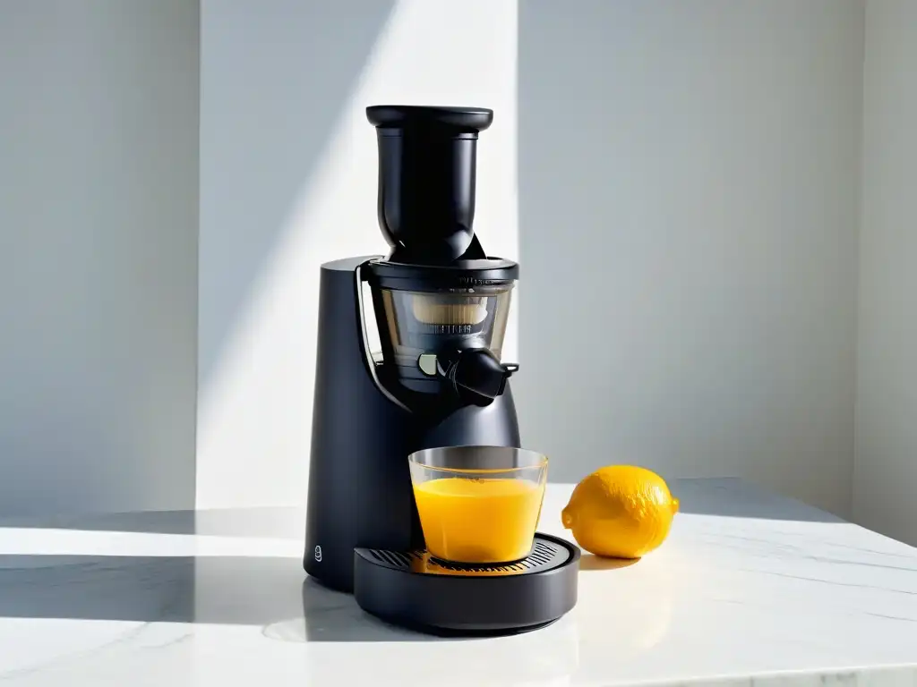 Exprimidor cítricos para repostería creativa en acabado mate negro sobre mármol blanco, elegancia y eficiencia en la cocina