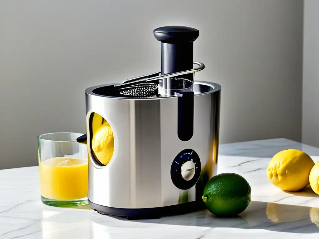 Exprimidor cítricos para repostería creativa: diseño elegante en acero inoxidable, rodeado de limones y limas frescos en mármol blanco