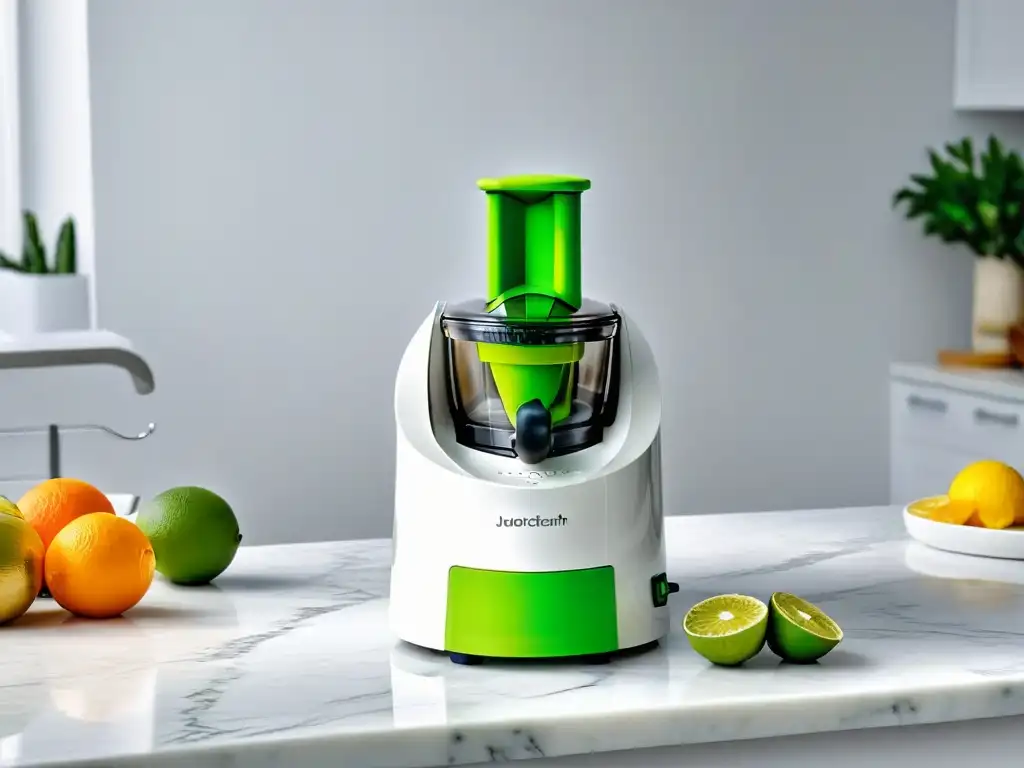 Exprimidor cítricos repostería creativa: Elegante y funcional exprimidor en una cocina blanca con frutas cítricas vibrantes