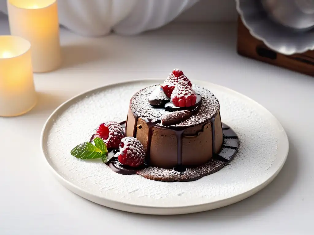 Una exquisita fotografía de alta gama de un decadente pastel de lava de chocolate con centro fundido, decorado con frambuesas, menta y caramelo