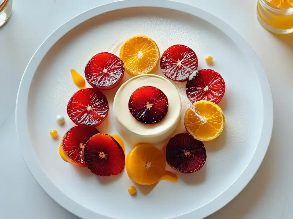 Exquisita armonía de acidez y dulzura en repostería con postre de cítricos y caramelo sobre porcelana blanca