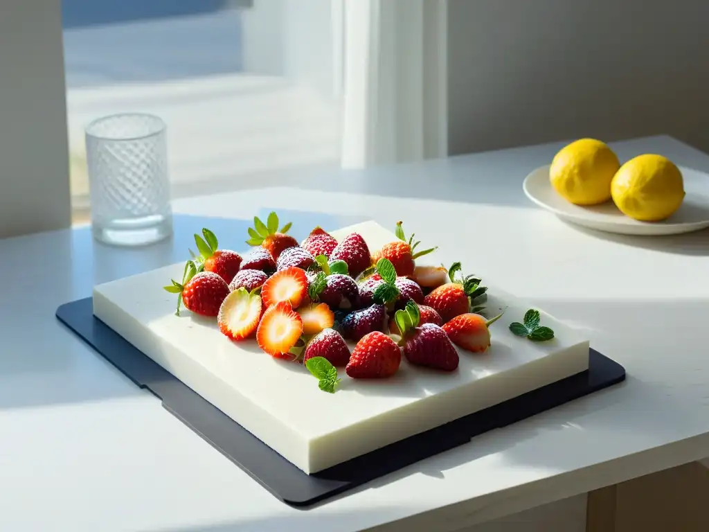 Una exquisita armonía de sabores y colores en una cocina minimalista con frutas frescas y hierbas aromáticas