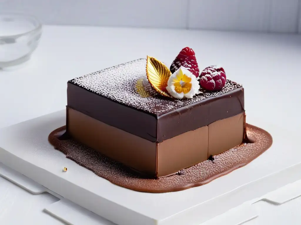 Exquisita armonía de texturas y sabores en repostería: delicado postre de ganache de chocolate, mousse de vainilla y caramelo