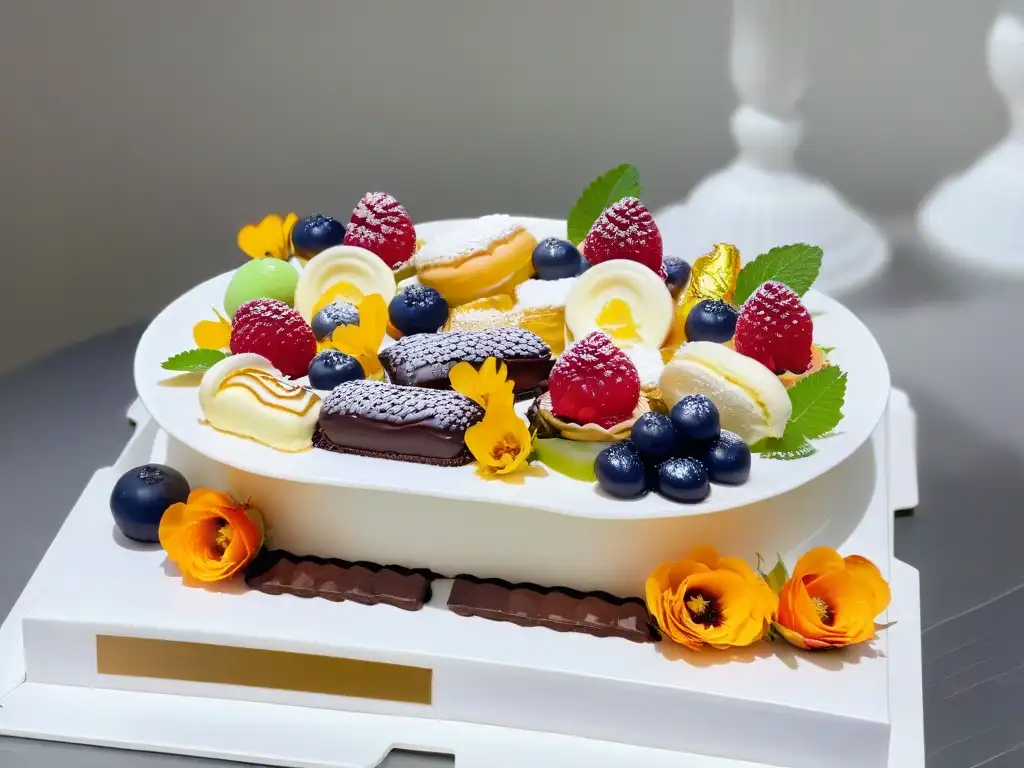 Exquisita bandeja blanca con postres memorables para eventos corporativos, decorados con frutas y flores