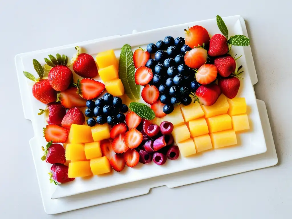 Una exquisita bandeja de frutas con bayas coloridas, frutas tropicales y hojas de menta fresca, sobre mármol blanco