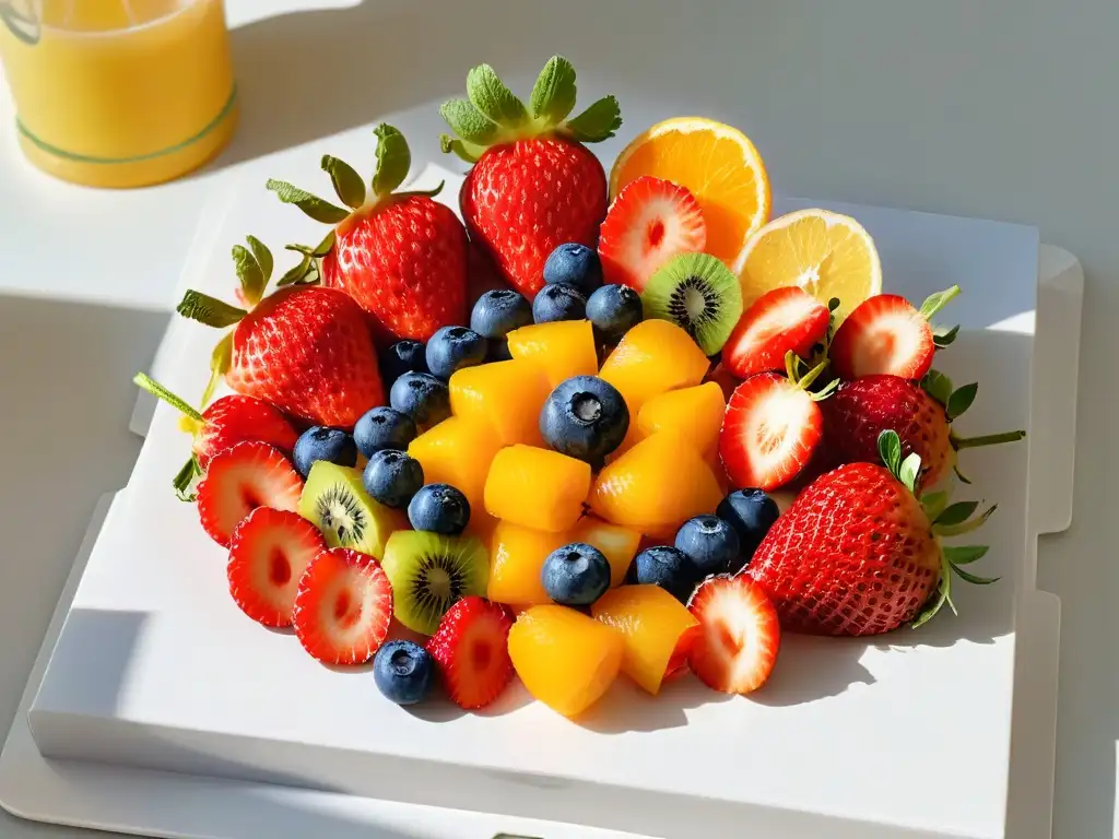 Una exquisita bandeja de frutas coloridas y frescas, con fresas, arándanos, kiwis y naranjas, presentadas de forma artística en un plato blanco