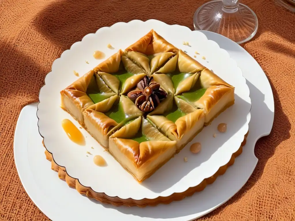 Una exquisita bandeja de baklava, postre tradicional de Medio Oriente, fusionando sabores globales en repostería