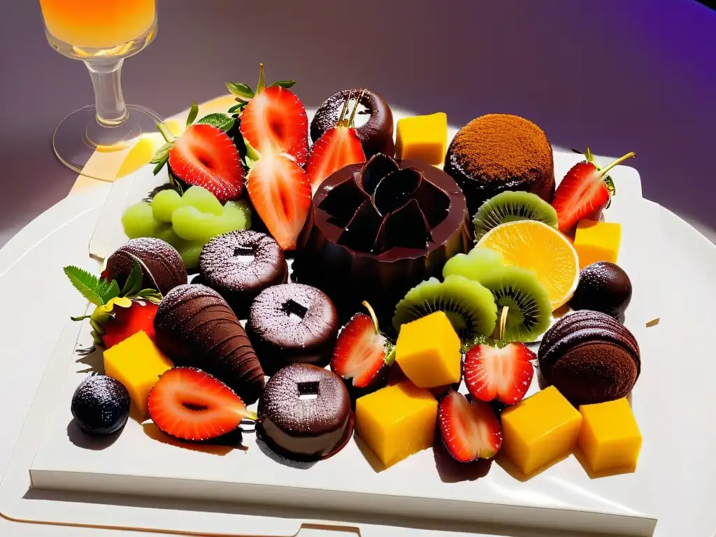 Una exquisita bandeja de postres africanos: pastelería colorida, trufas de chocolate especiadas y frutas tropicales