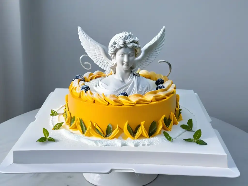 Una exquisita bandeja de postres creativos con mitos clásicos, esculturas de azúcar de Medusa, Zeus y Pegaso, en plato blanco