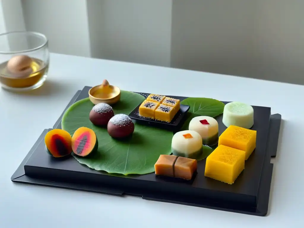 Una exquisita bandeja de postres japoneses en diseño minimalista, con mochis, yokan y delicias de matcha