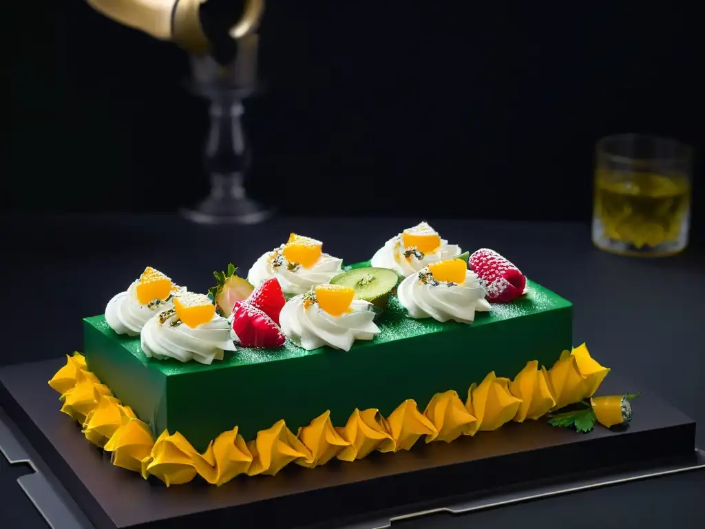 Exquisitos postres de lujo: creaciones modernas y coloridas en un elegante entorno negro Exquisita bandeja de postres de lujo con diseño moderno y colores vibrantes, destacando la tecnología en postres de lujo