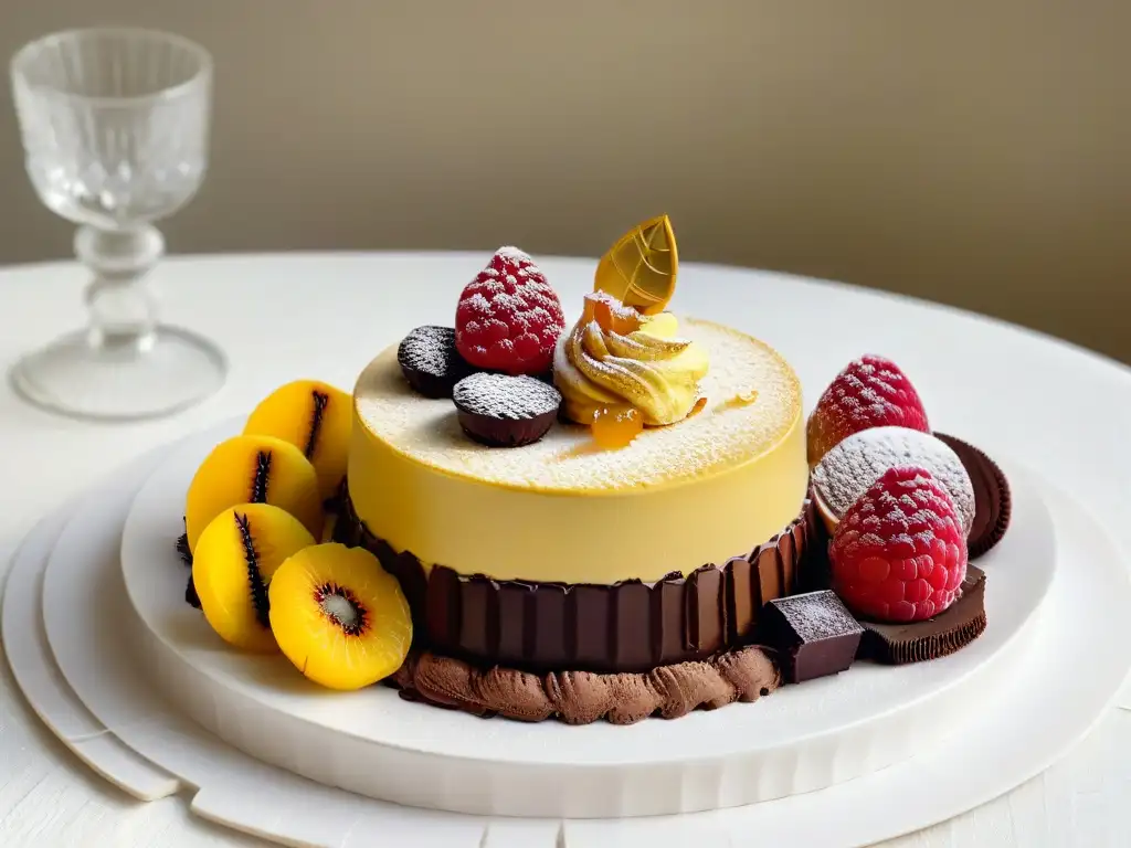 Una exquisita bandeja de postres de lujo para cenas, con cinco exquisiteces artesanales cuidadosamente dispuestas en un plato blanco impecable