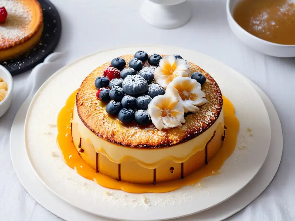 Exquisita Bibingka africana postre filipino decorado con coco, miel y frutas frescas