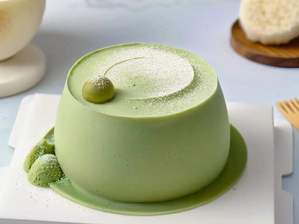 Delicioso Mochi recién hecho con matcha en polvo Una exquisita bola de Mochi recién hecha, con polvo de matcha, destacando la textura suave y el color pastel tradicional