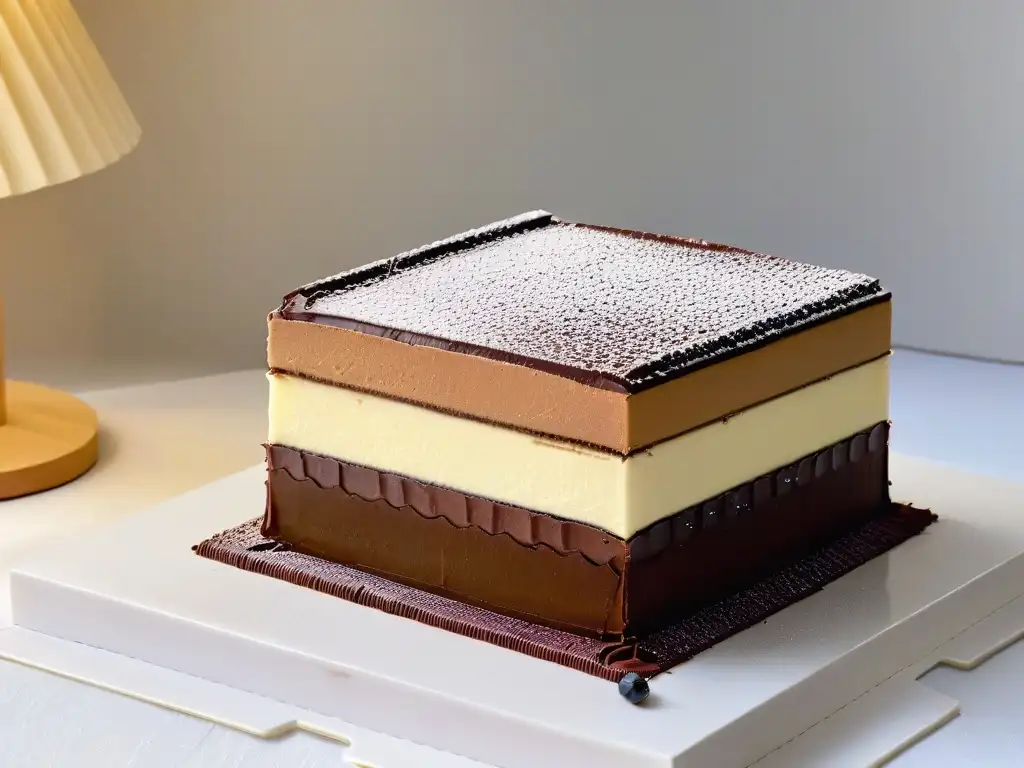 Una exquisita Opera Cake detallada con capas de bizcocho de almendra, crema de café y ganache de chocolate, decorada con cacao y un grano de café