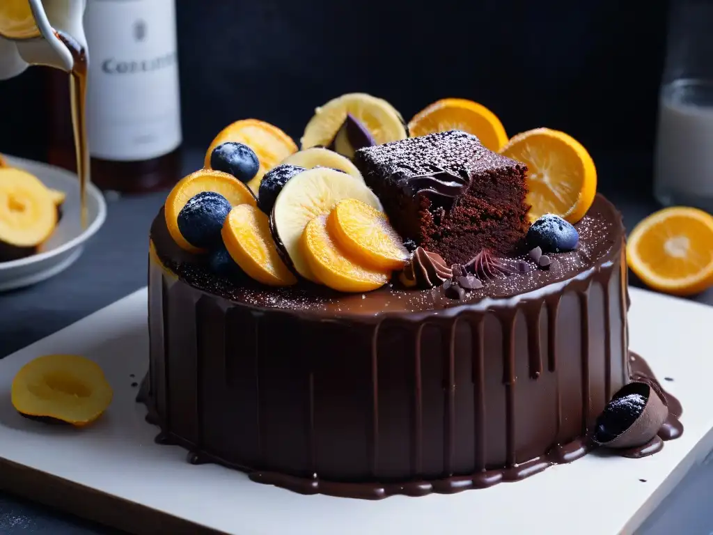 Una exquisita cascada de ganache de chocolate amargo sobre un decadente pastel, resaltando los beneficios del chocolate en repostería