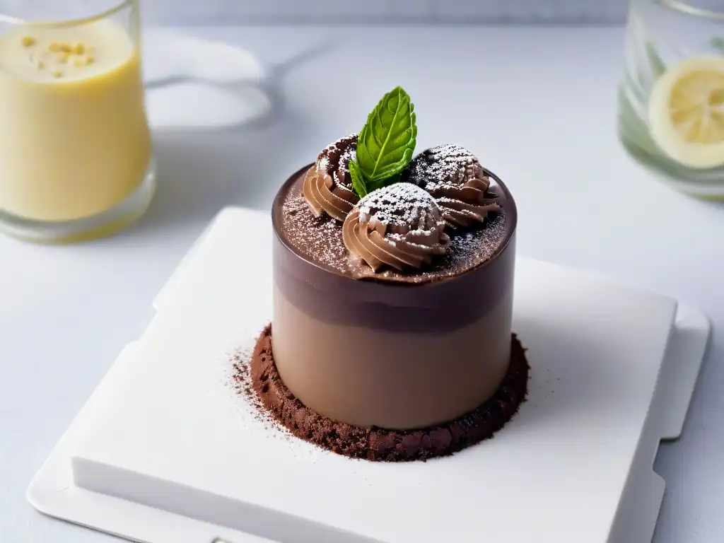 Exquisita mousse de chocolate y aguacate con grasas saludables en repostería en elegante copa sobre mármol blanco