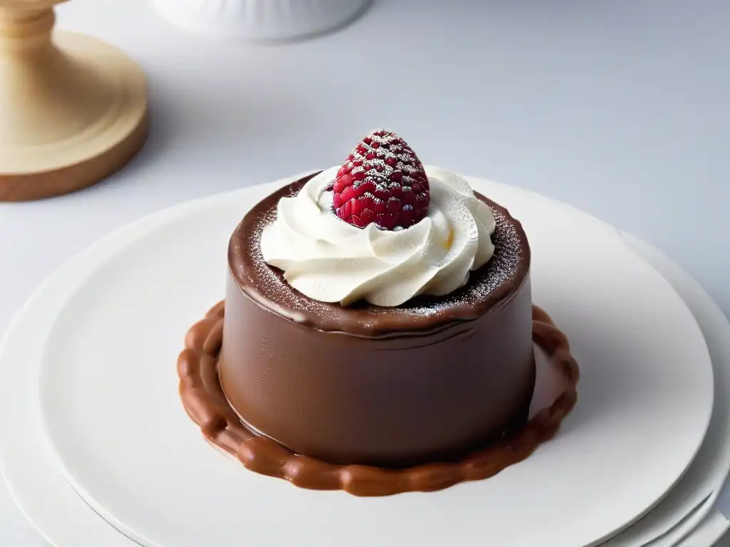 Exquisita mousse de chocolate con frambuesa sobre plato blanco