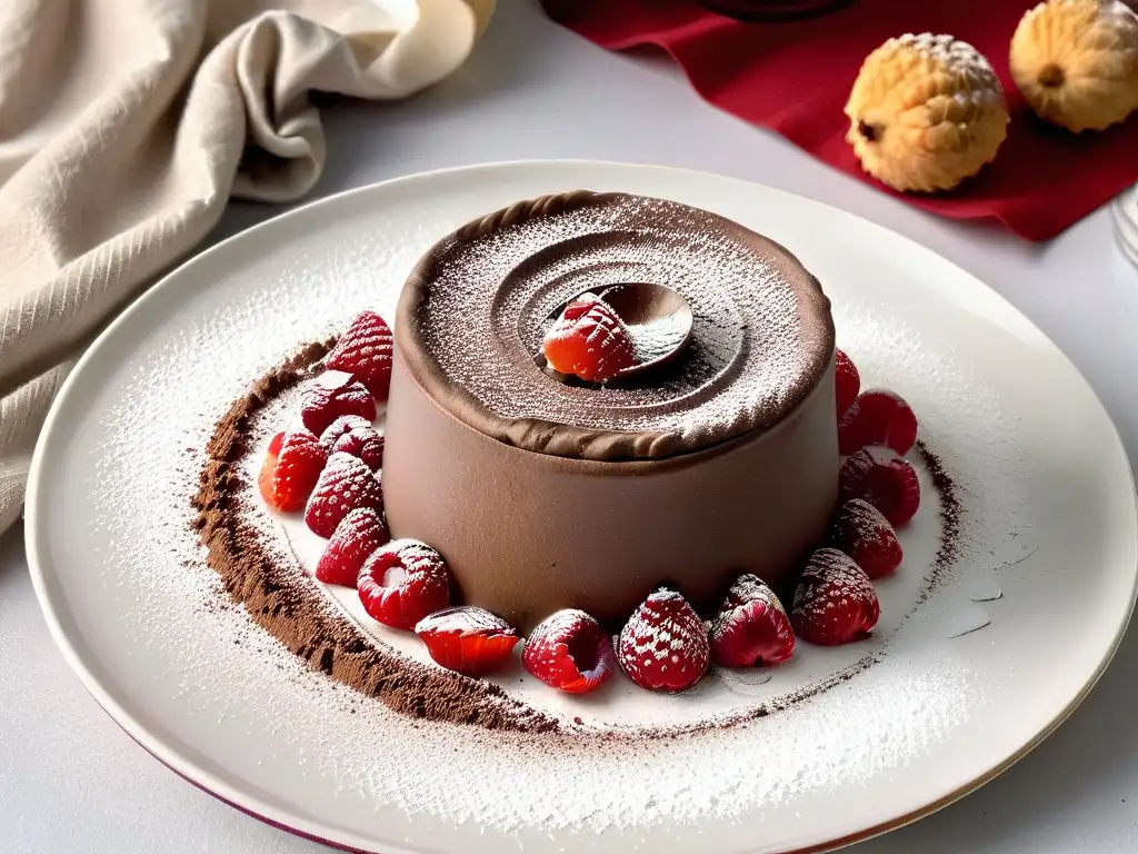 Exquisita mousse de chocolate sin lácteos con frambuesas frescas y cacao, en elegante plato blanco