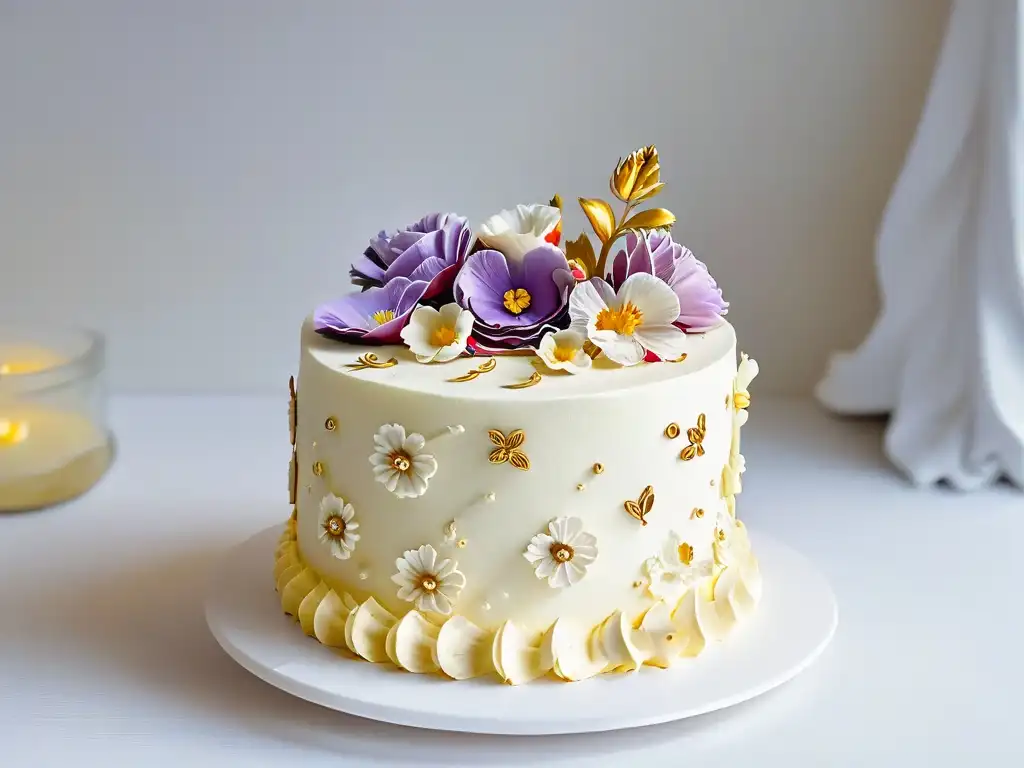 Exquisita colaboración de influencers en pastelería marca: Tarta decorada con detalles delicados y flores comestibles